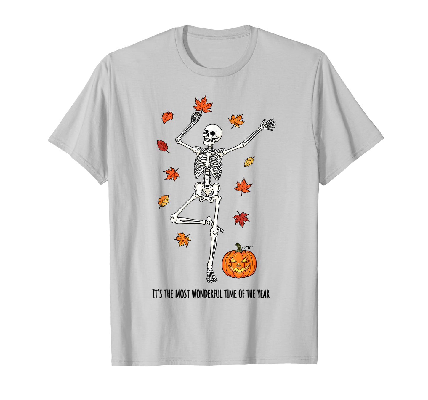 Skeleton Fall Leaves Pumpkin Funny Halloween Season T-Shirt