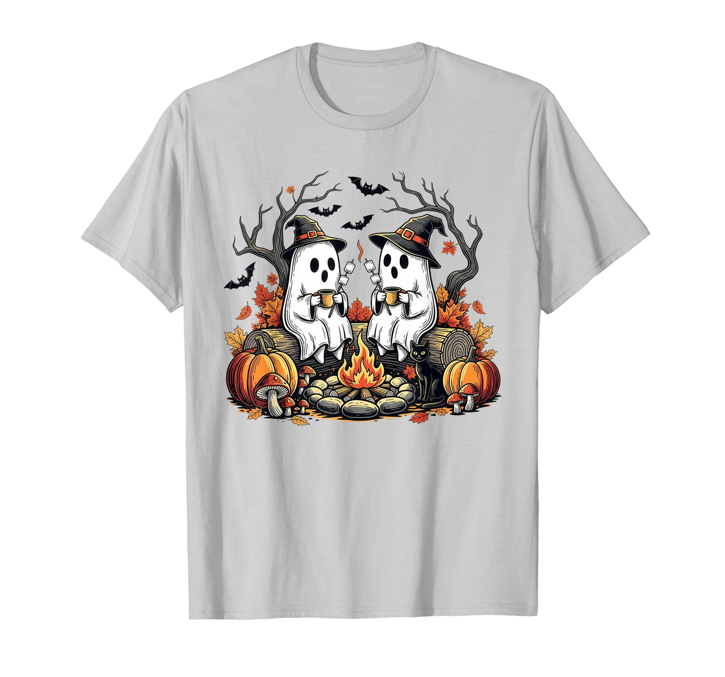 Cute Ghosts Camping Campfire Mashmallow Spooky Halloween T-Shirt