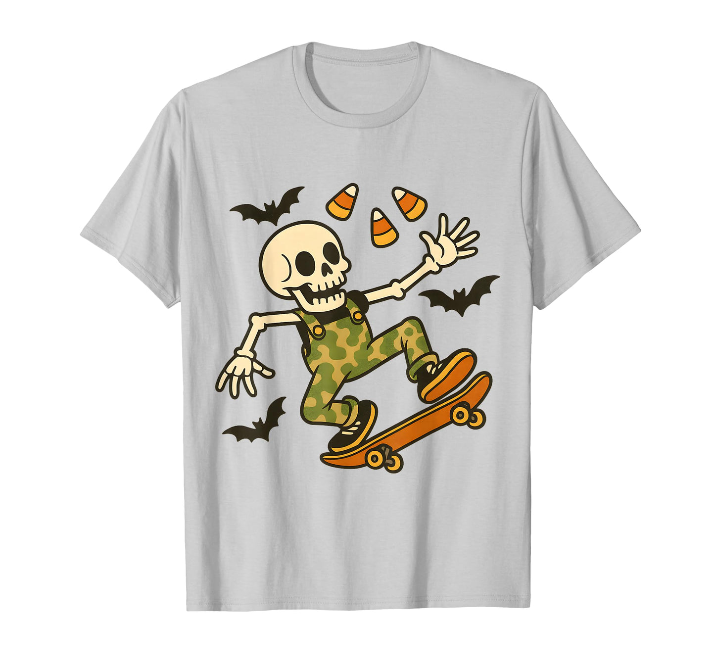 Funny Skeleton Skateboarding Halloween Candy Corn Spooky T-Shirt