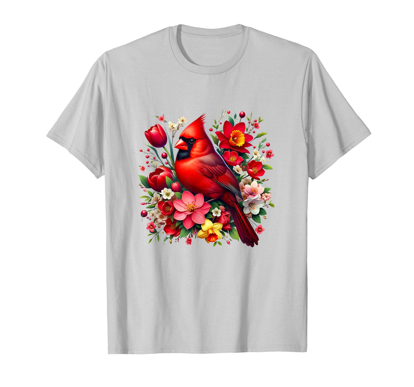 Red Cardinal Bird Spring Flowers T-Shirt