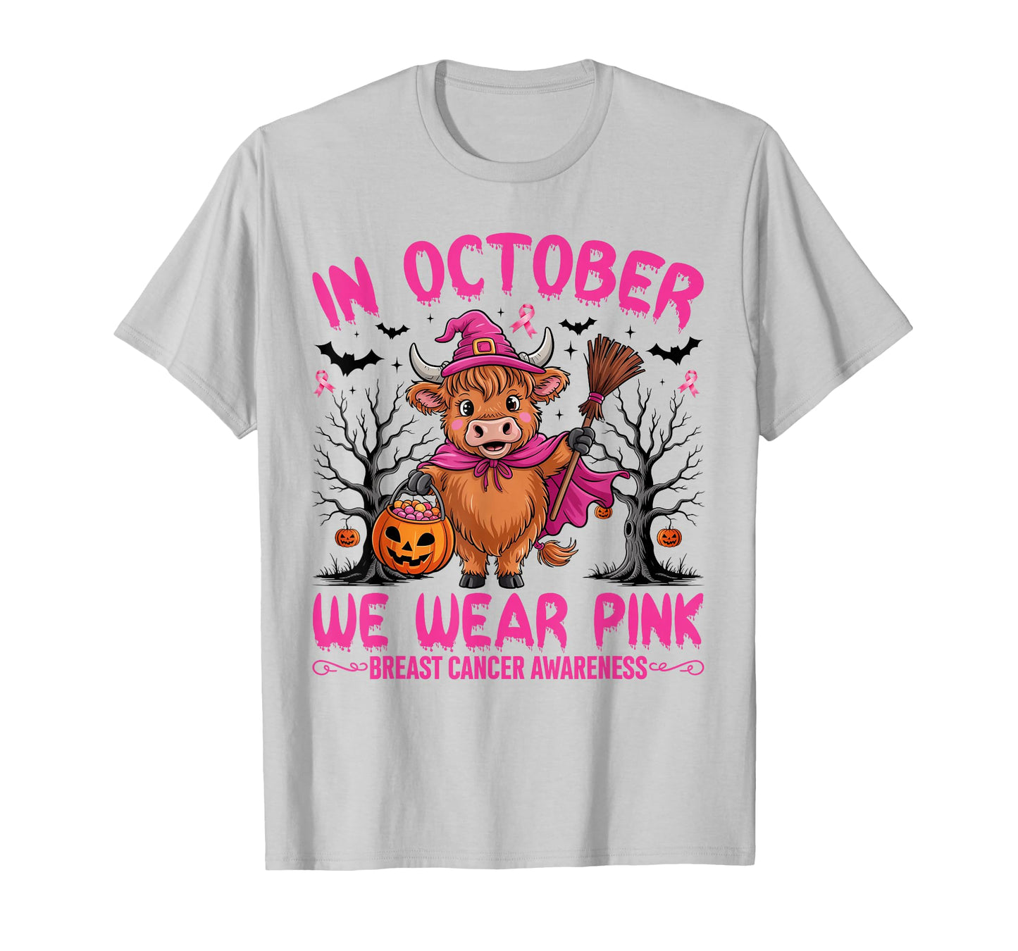 Highland Cow In October We Wear Pink Breast Cancer Halloween T-Shirt