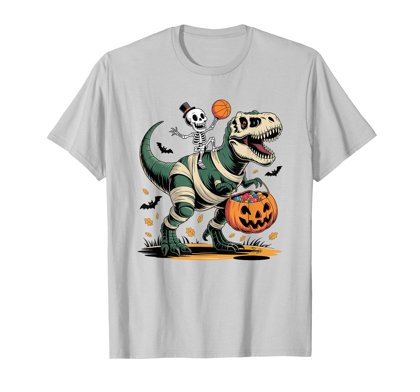 Basketball Skeleton Riding Mummy Dinosaur T-Rex Halloween T-Shirt