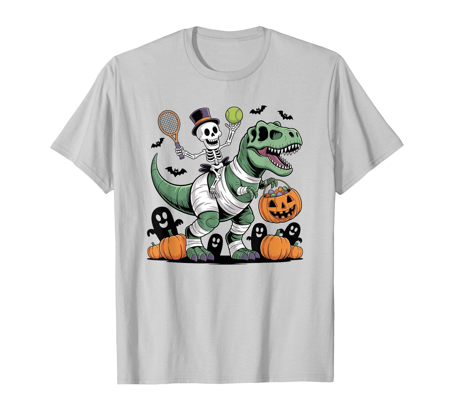 Tennis Skeleton Riding Mummy Dinosaur T-Rex Halloween Boys T-Shirt