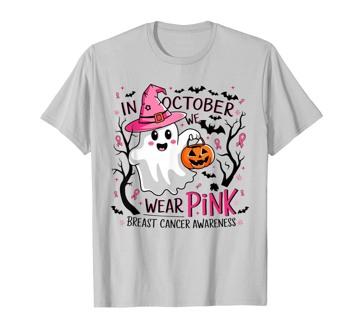 In October We Wear Pink Ghost Witch Breast Cancer Awareness T-Shirt