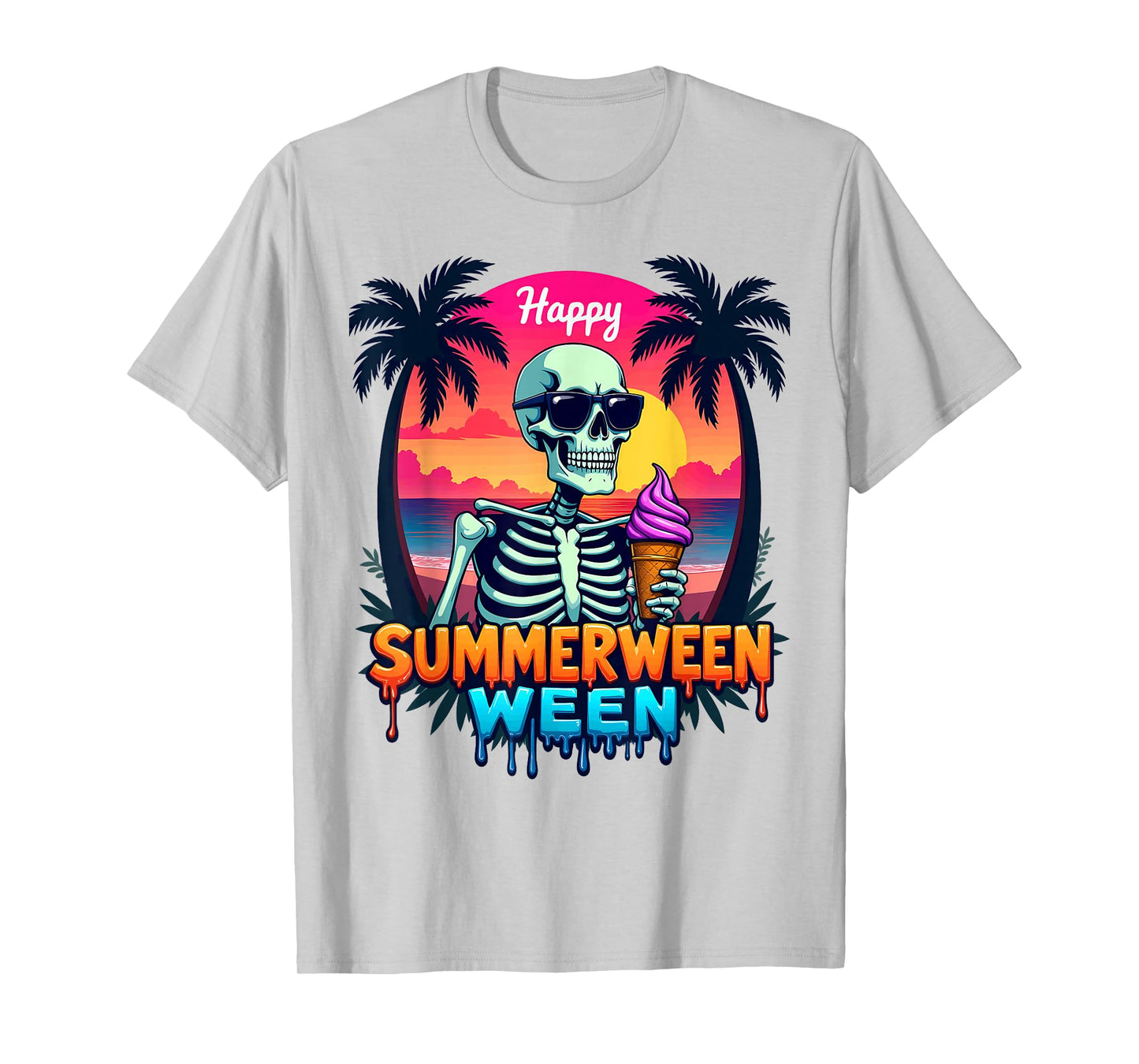 Summer Vacation Tropical Beach Skeleton Happy Summerween T-Shirt