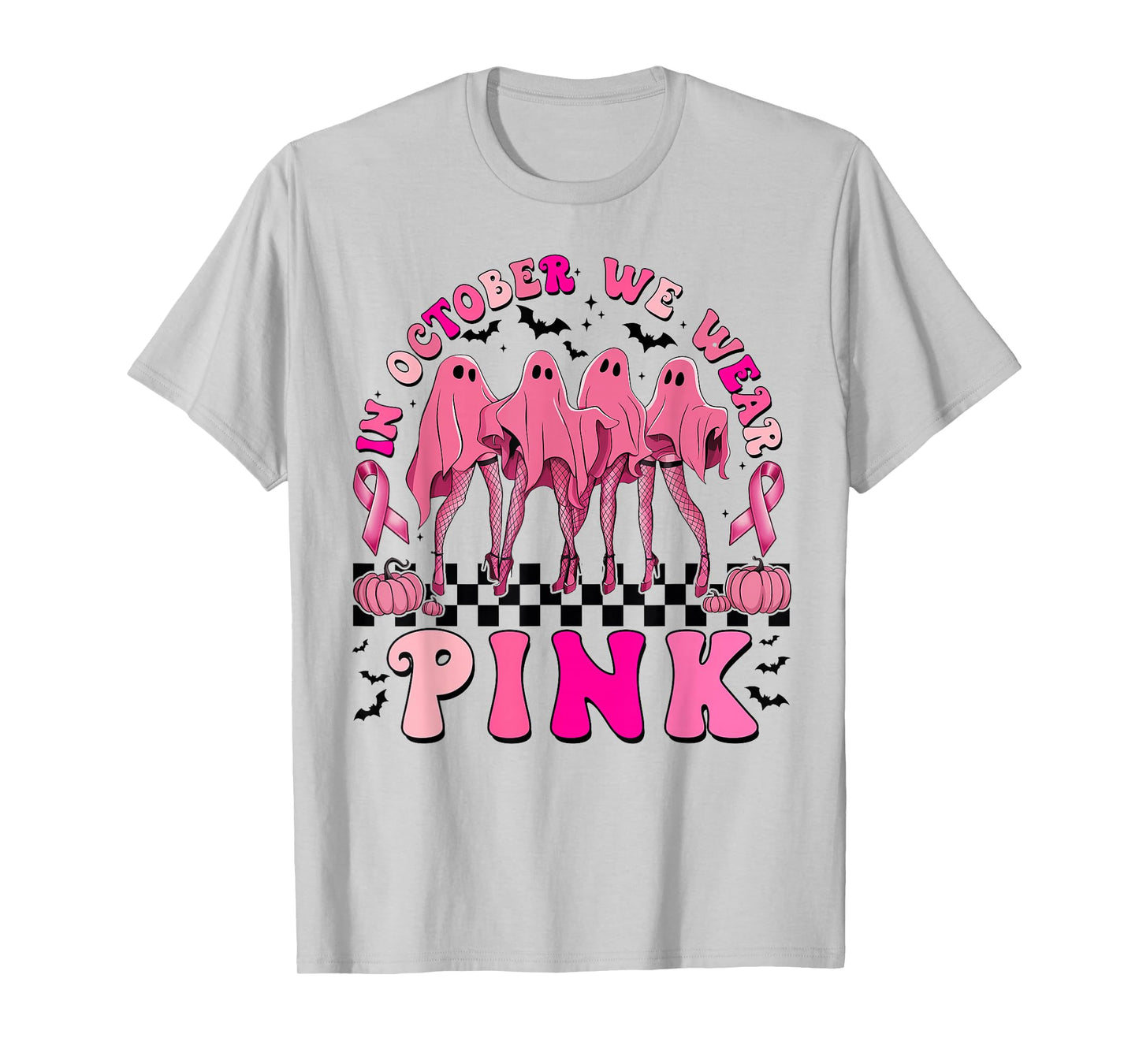 In October We Wear Pink Ribbon Breast Cancer Ghost Halloween T-Shirt