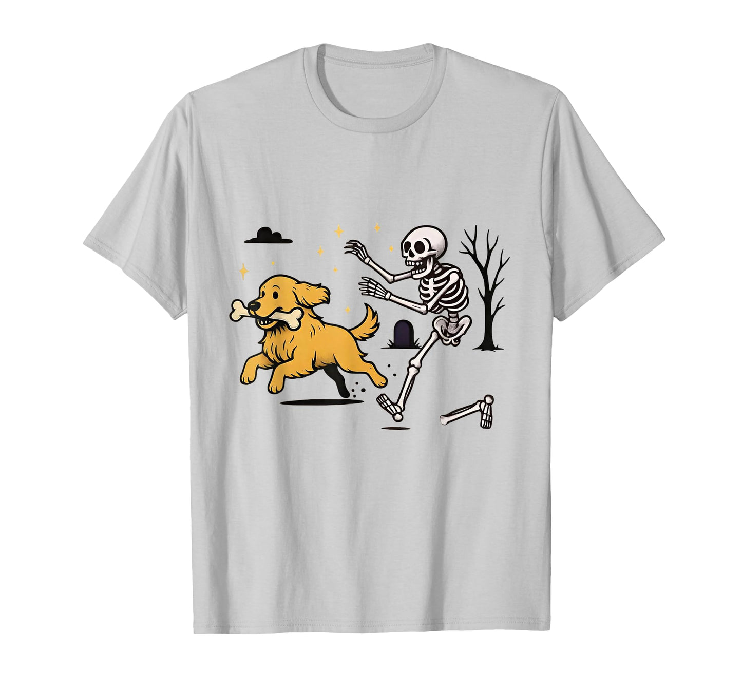 Skeleton Chasing Golden Retriever Funny Skeleton Halloween T-Shirt