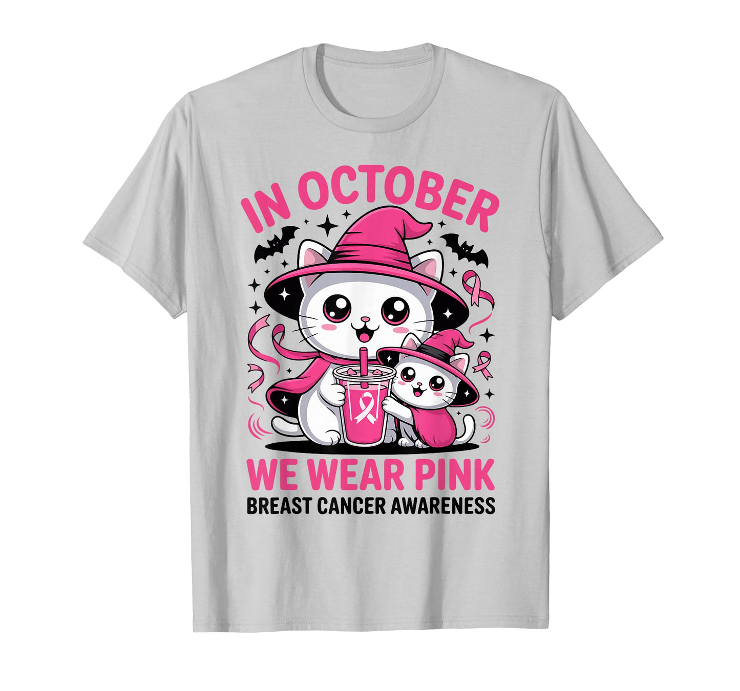 Breast Cancer Halloween Cat in October We Wear Pink T-Shirt