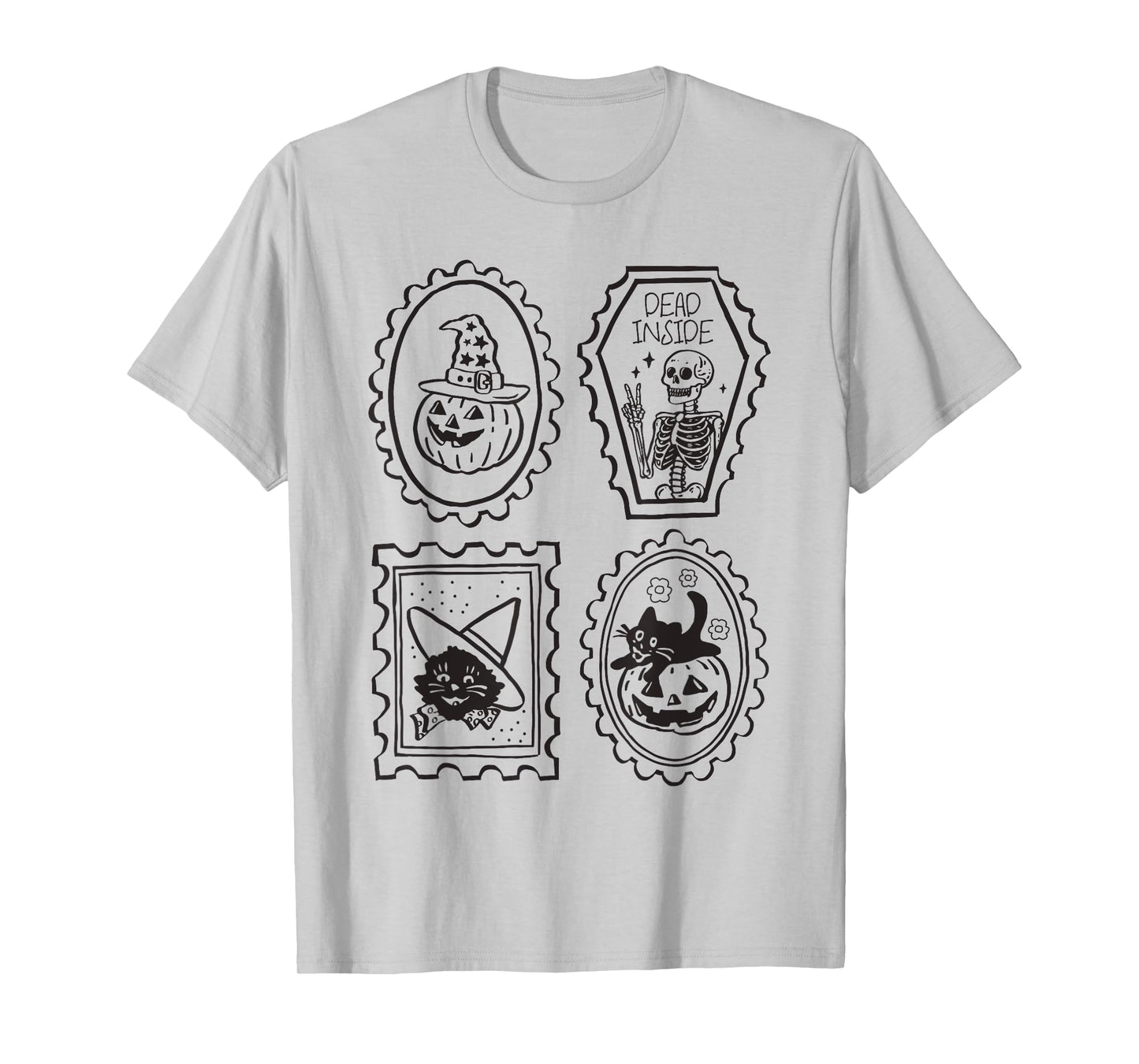Cute Halloween Witch Cat Pumpkin Skeleton Funny Spooky Retro T-Shirt