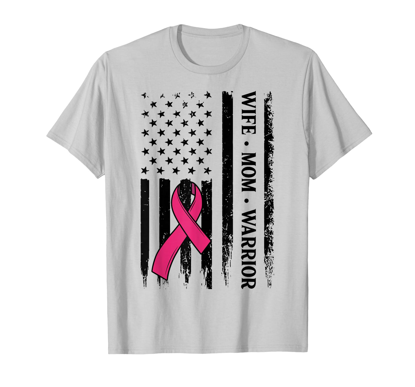 Breast Cancer Awareness Wife Mom Warrior US Flag Pink Ribbon T-Shirt