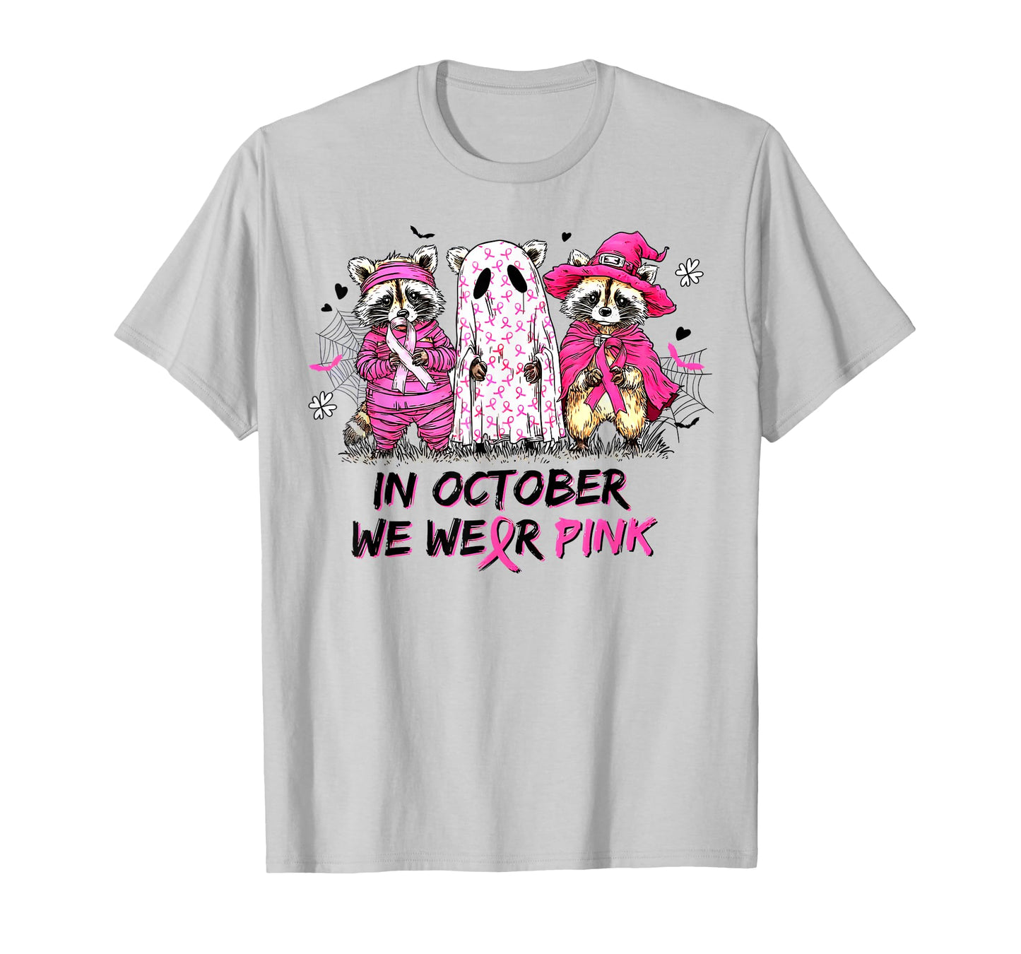 in October We Wear Pink Raccoon Breast Cancer Awareness T-Shirt