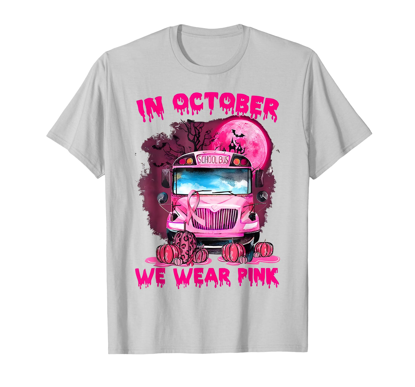 in October We Wear Pink Halloween School Bus Breast Cancer T-Shirt
