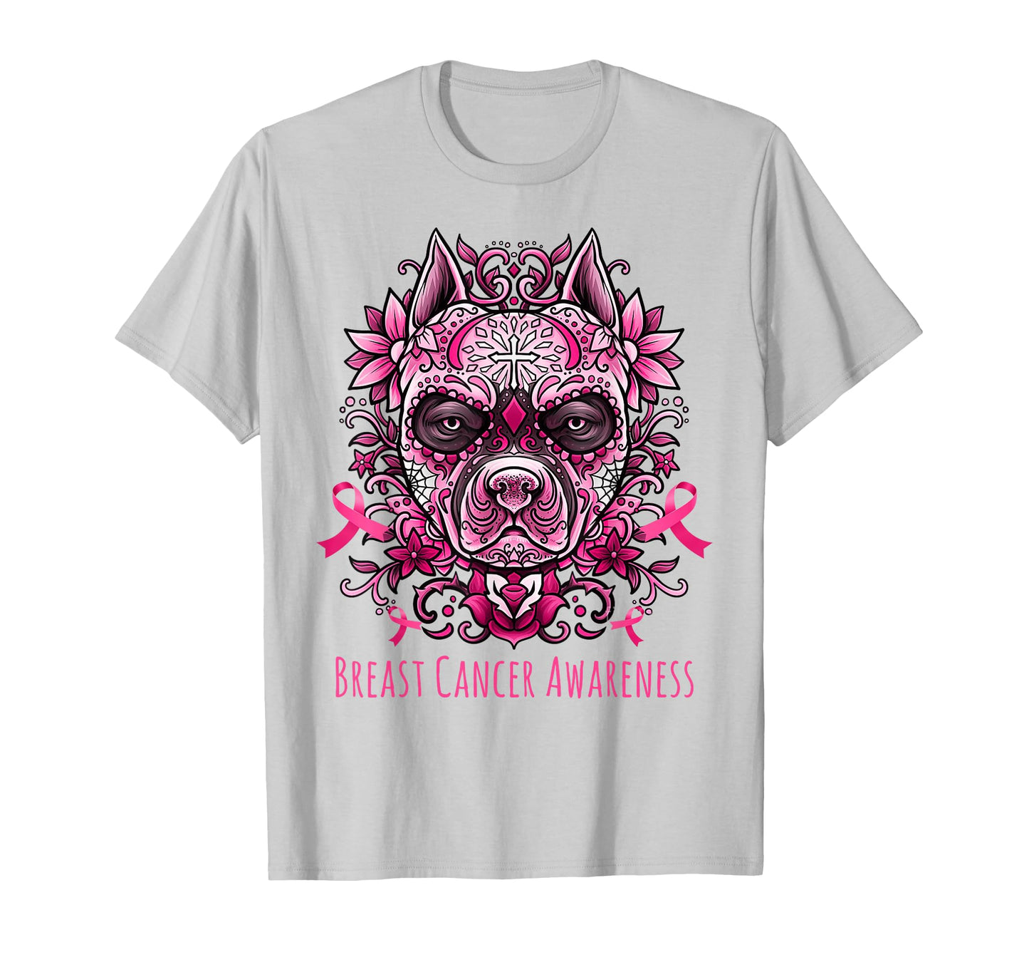 Funny Sugar Skull Pitbull Dog Breast Cancer Day Of The Dead T-Shirt