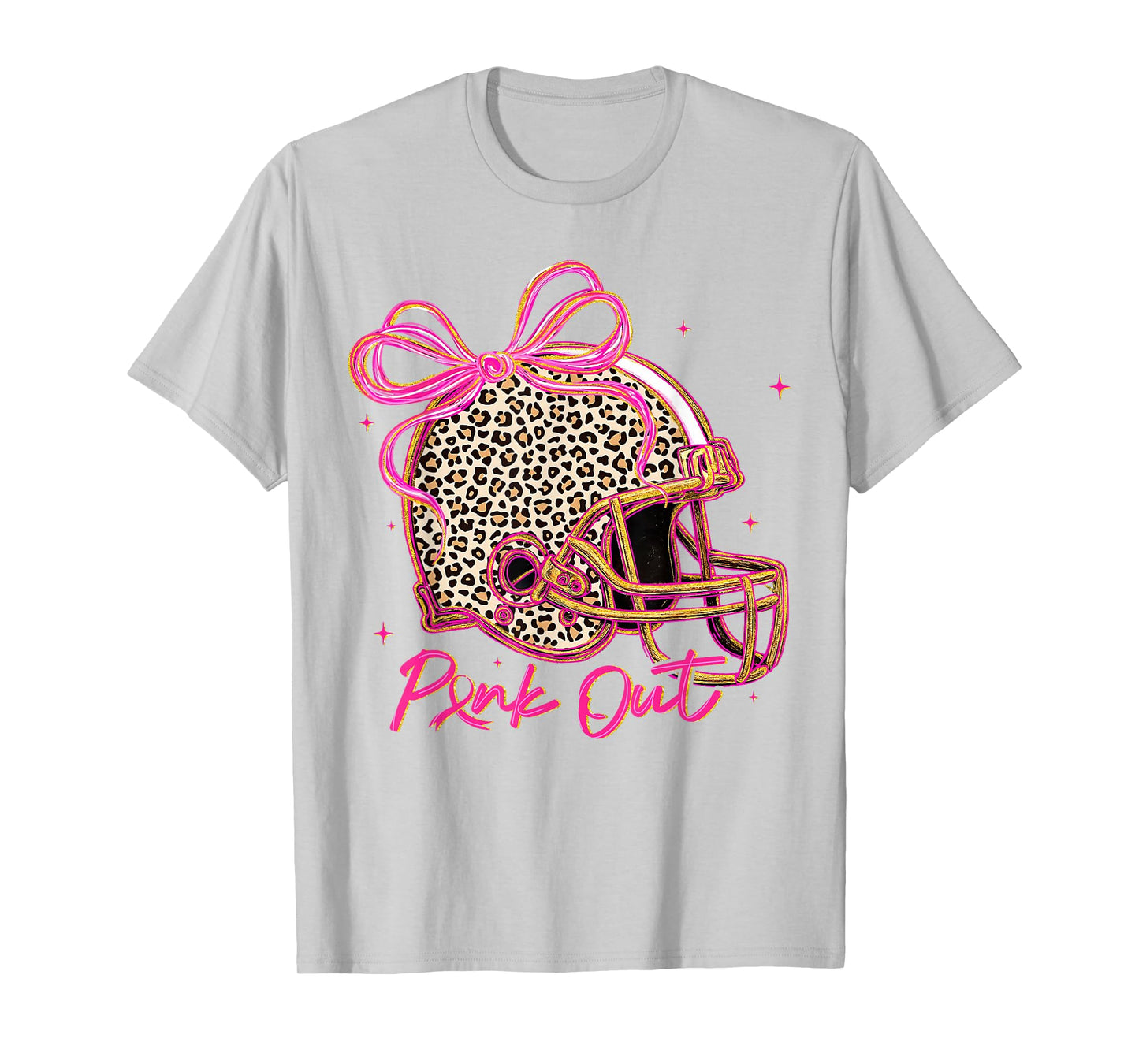 Pink Out Leopard Football Helmet Bow Preppy Breast Cancer T-Shirt