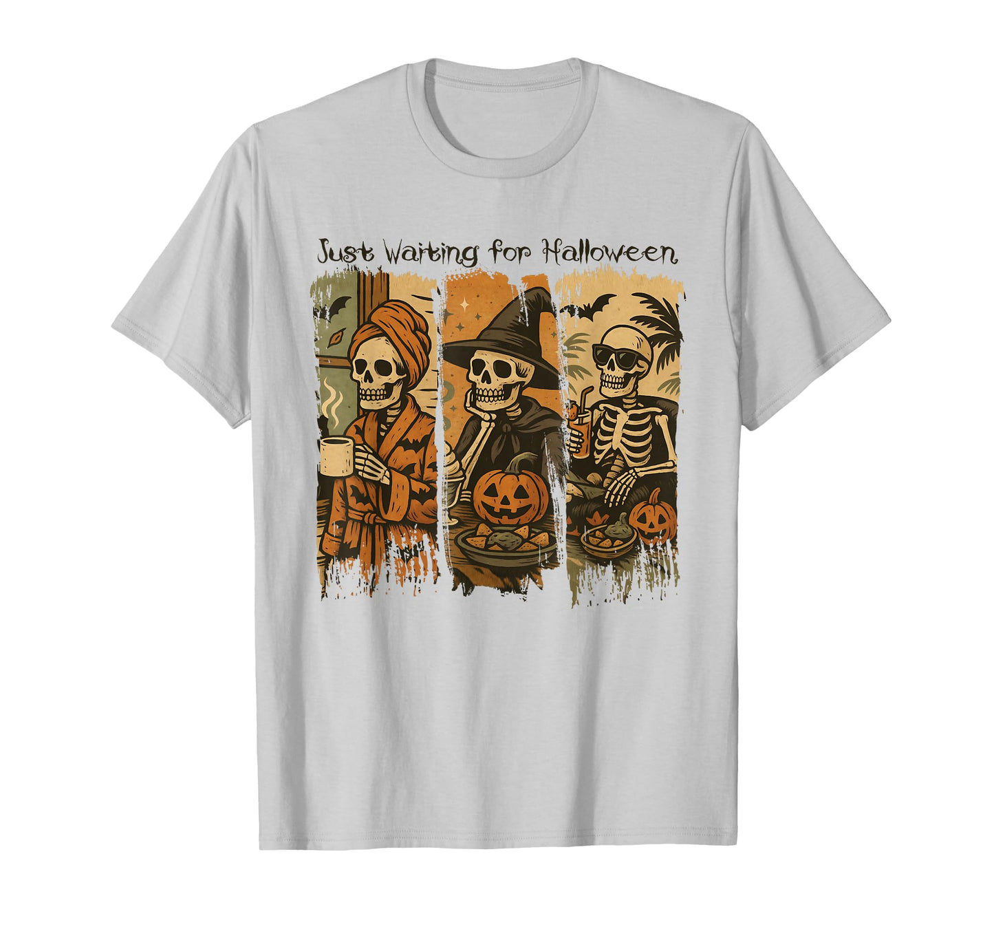 Just Waiting for Halloween Skeleton Coffee Witch Pumpkin T-Shirt