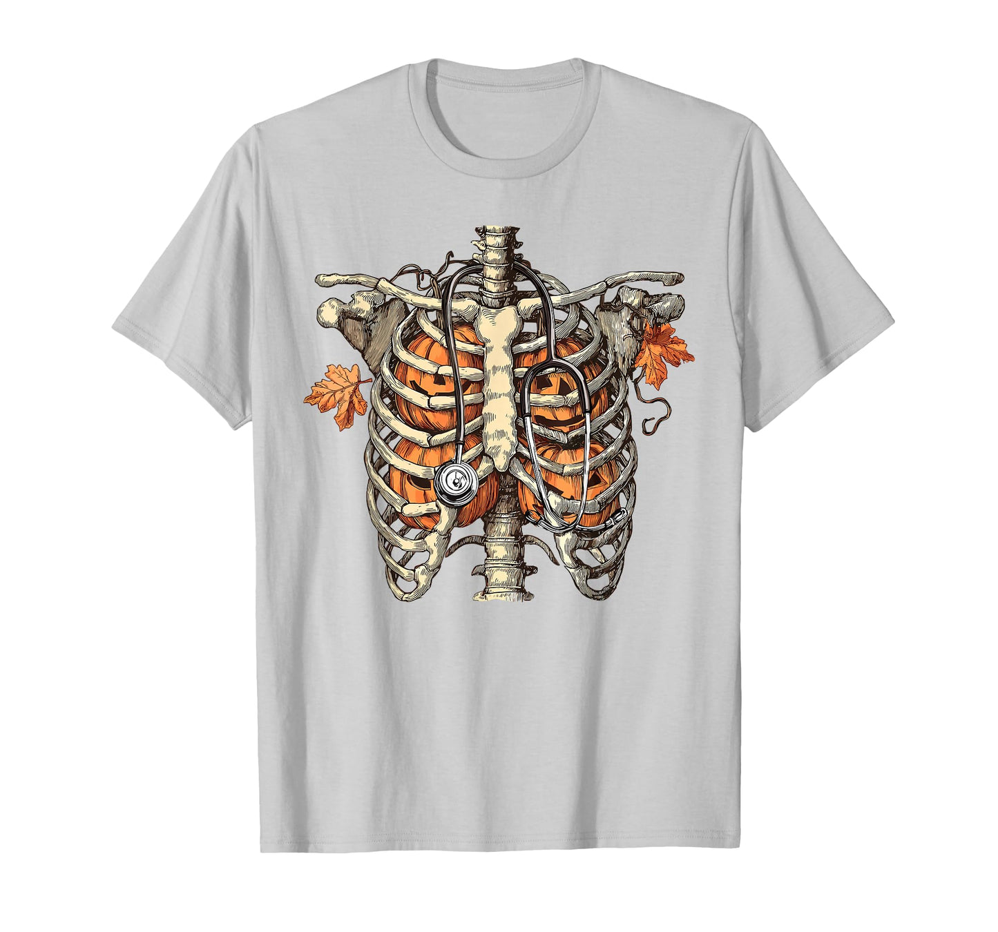Skeleton Ribcage Pumpkin Stethoscope Halloween Nurse Costume T-Shirt