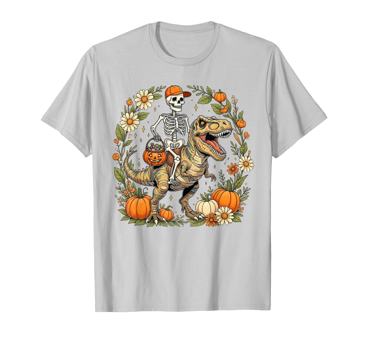 Halloween Skeleton Dinosaur Pumpkin Floral Fall Design Women T-Shirt