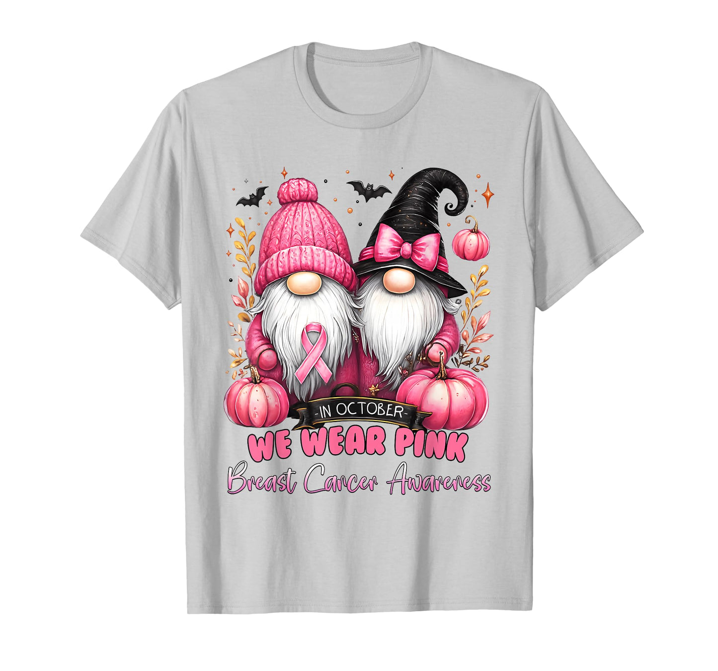 in October We Wear Pink Ribbon Gnome Breast Cancer Awareness T-Shirt
