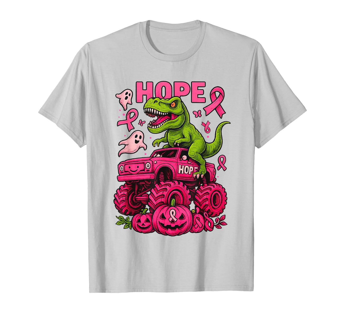 T Rex Dinosaur and Monster Truck Breast Cancer Boo Pumpkin T-Shirt