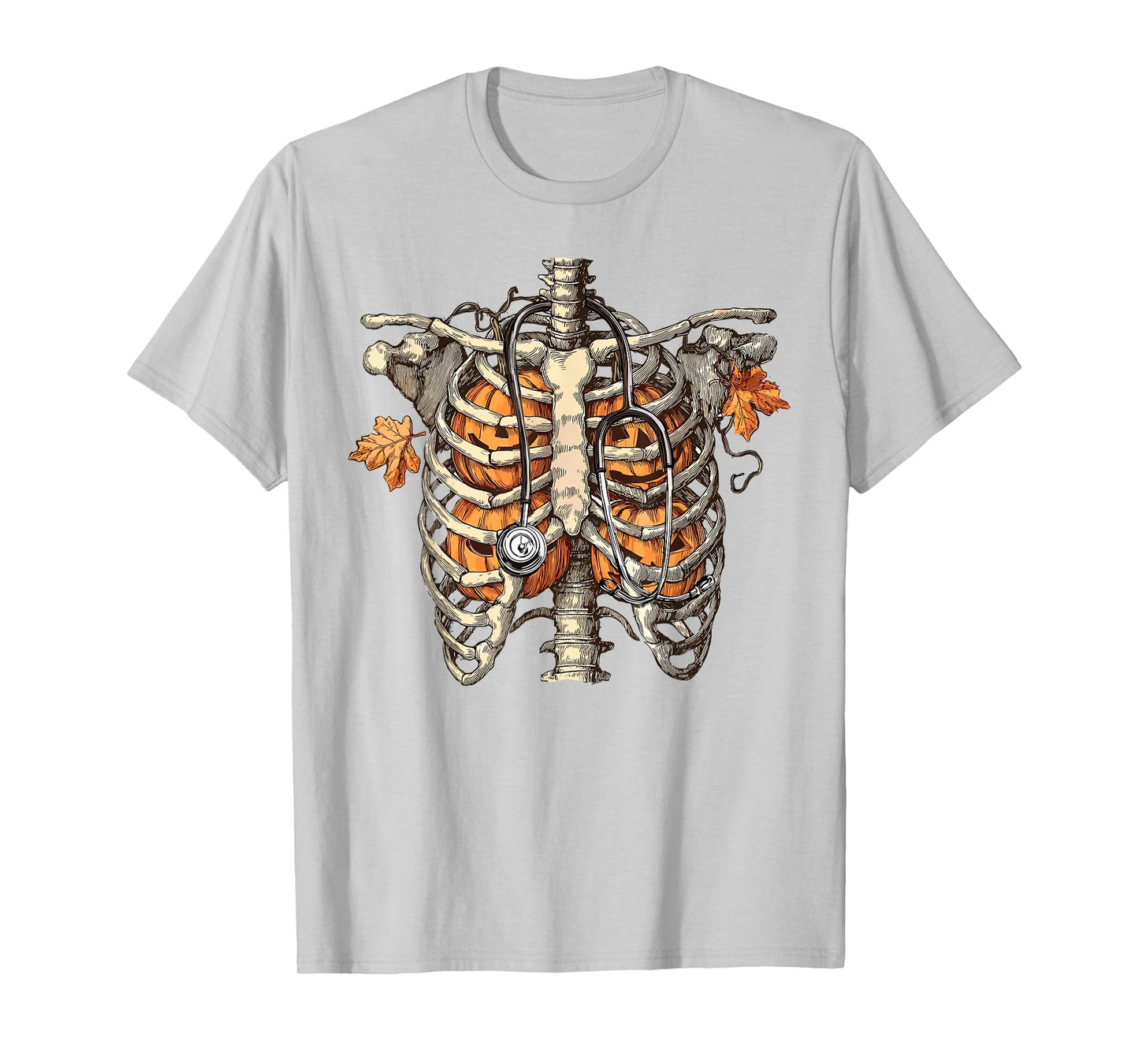 Funny Pumpkin Rib Cage Skeleton Halloween Nurse Stethoscope T-Shirt