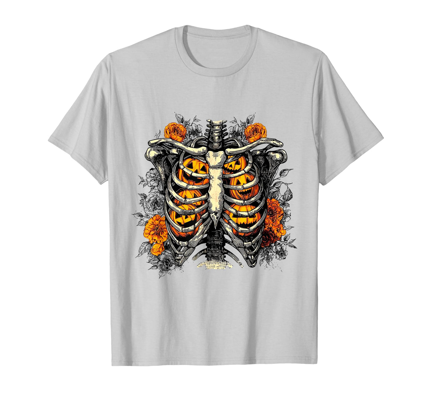 Floral Ribcage Pumpkins Skeleton Fall Halloween T-Shirt
