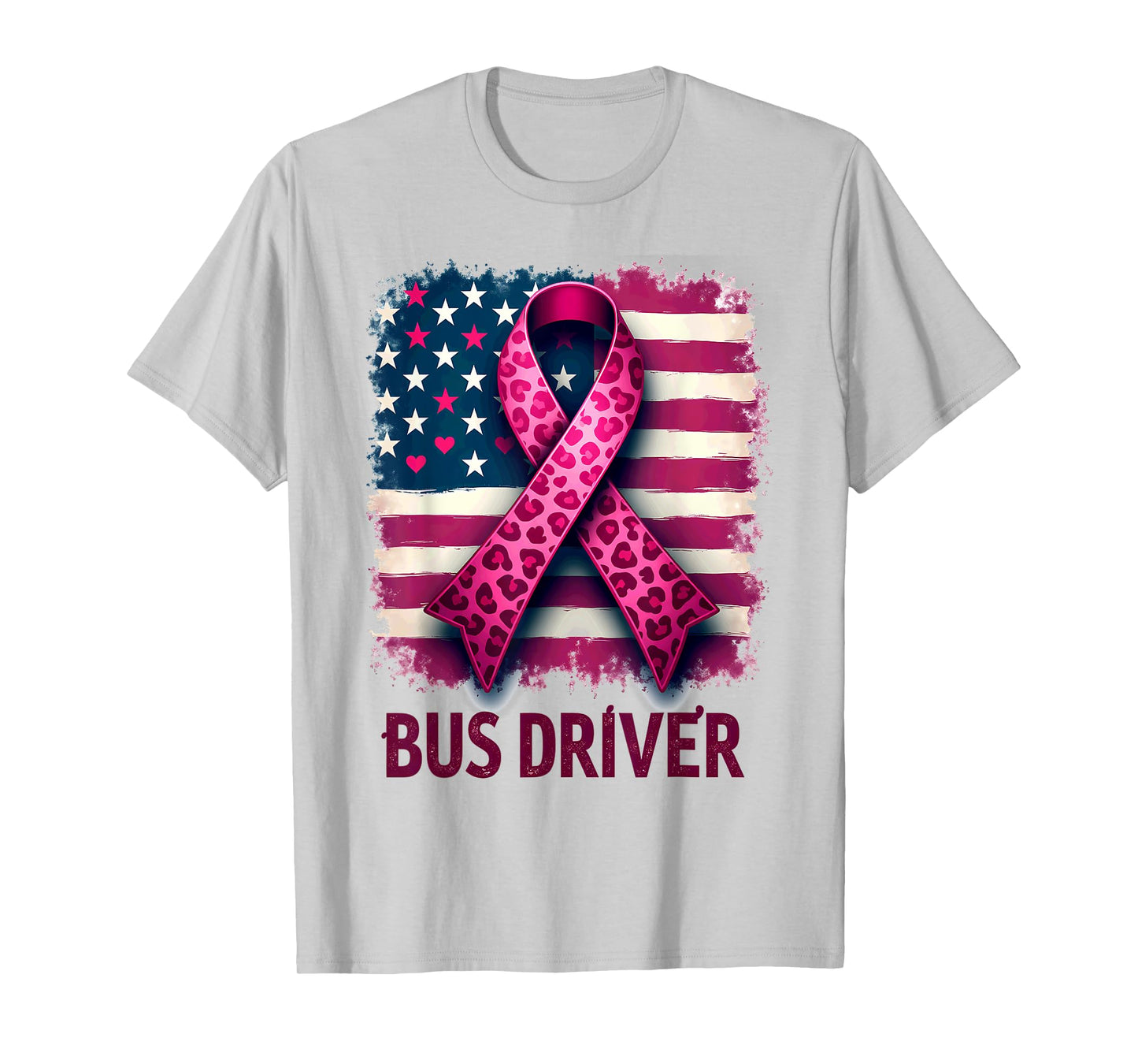 Bus Driver US Flag Pink Ribbon Breast Cancer Awareness T-Shirt