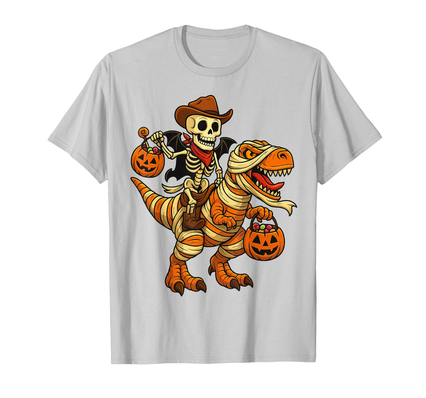 Skeleton Riding Mummy Dinosaur T rex Halloween Funny Pumpkin T-Shirt