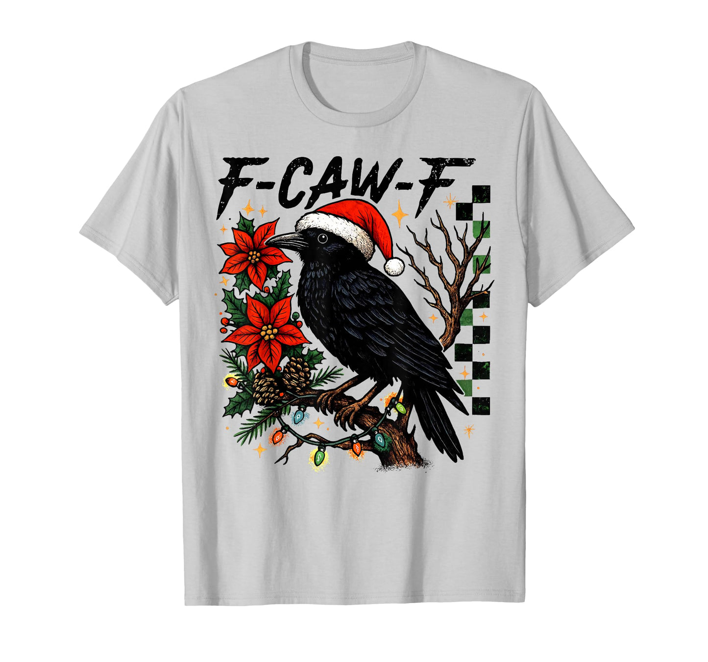 Black Crow F-Caw-F Funny Retro Christmas Lights Santa Hat T-Shirt