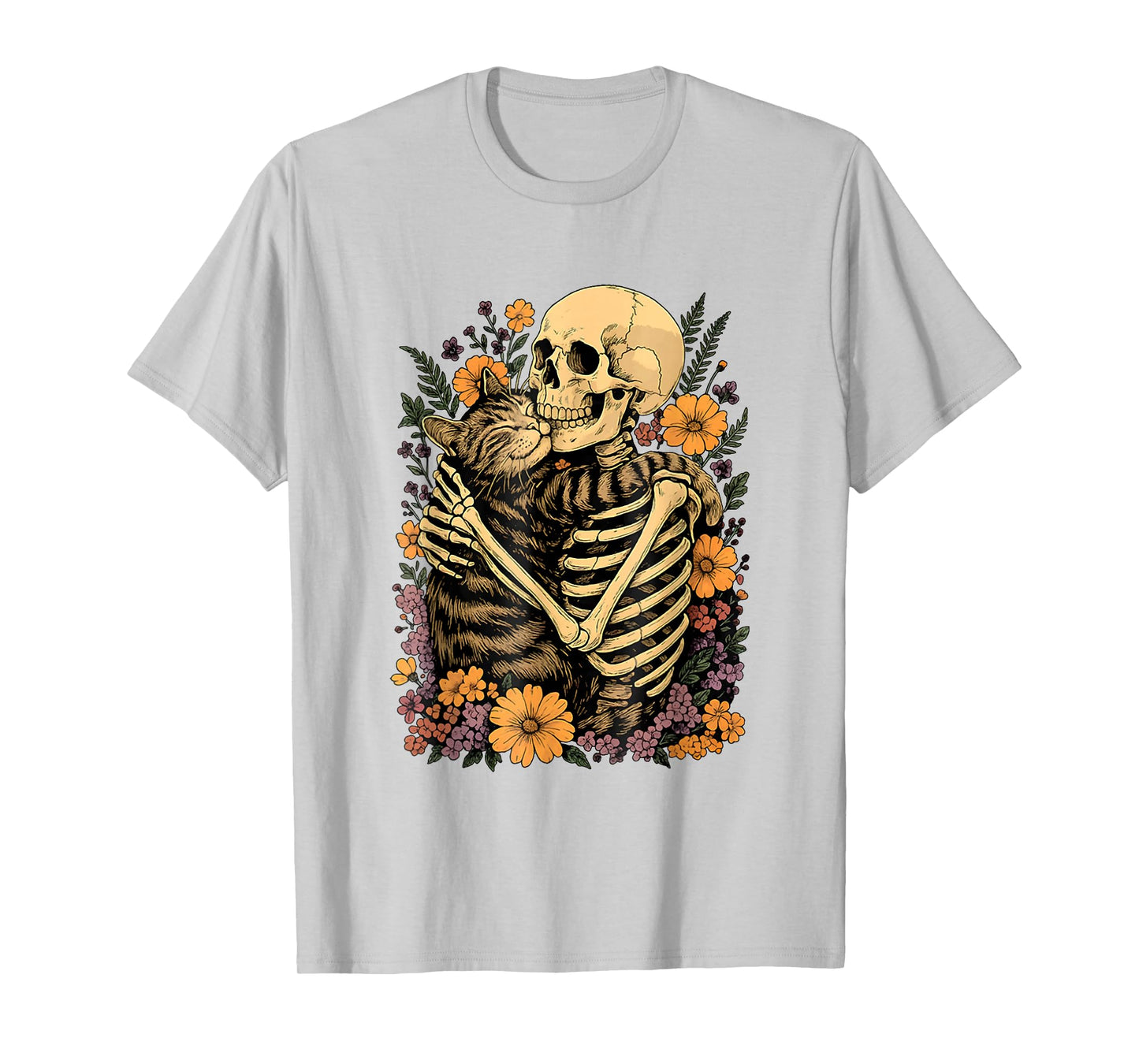 Floral Funny Skeleton Hugging Cat Halloween Spooky Season T-Shirt