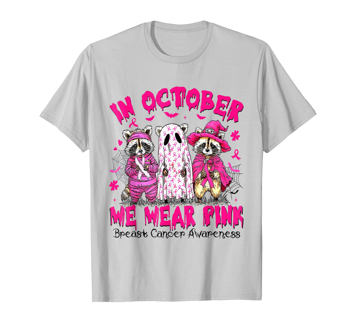 in October We Wear Pink Raccoon Breast Cancer Awareness T-Shirt