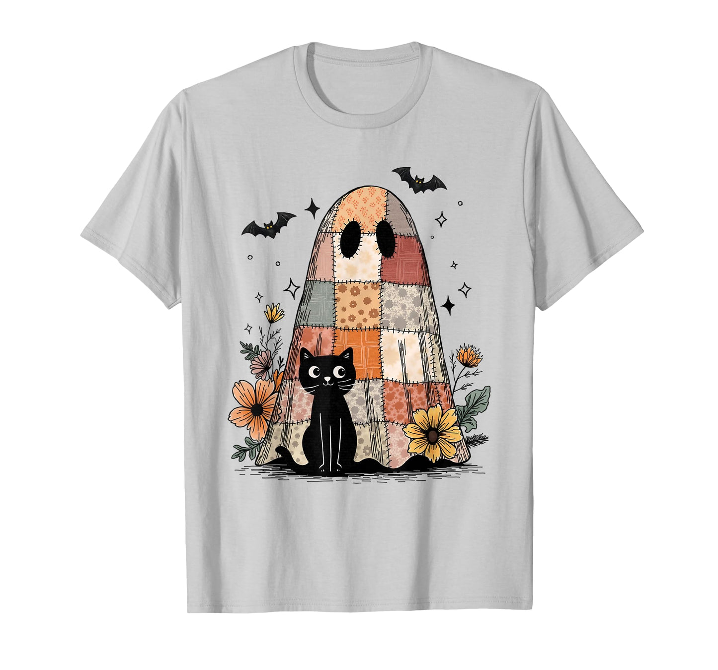 Preppy Retro Floral Patchwork Ghost and Black Cat Halloween T-Shirt