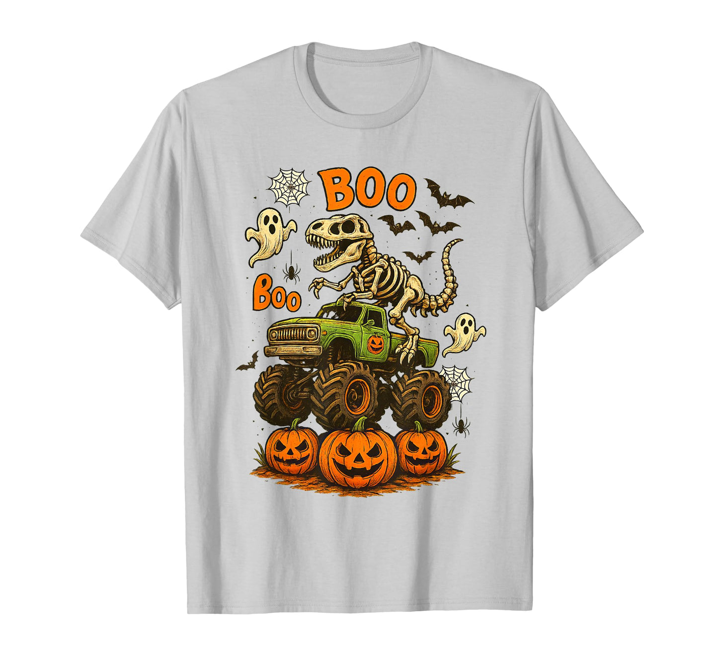 Skeleton T Rex Dinosaur Monster Truck Boo Pumpkin Halloween T-Shirt