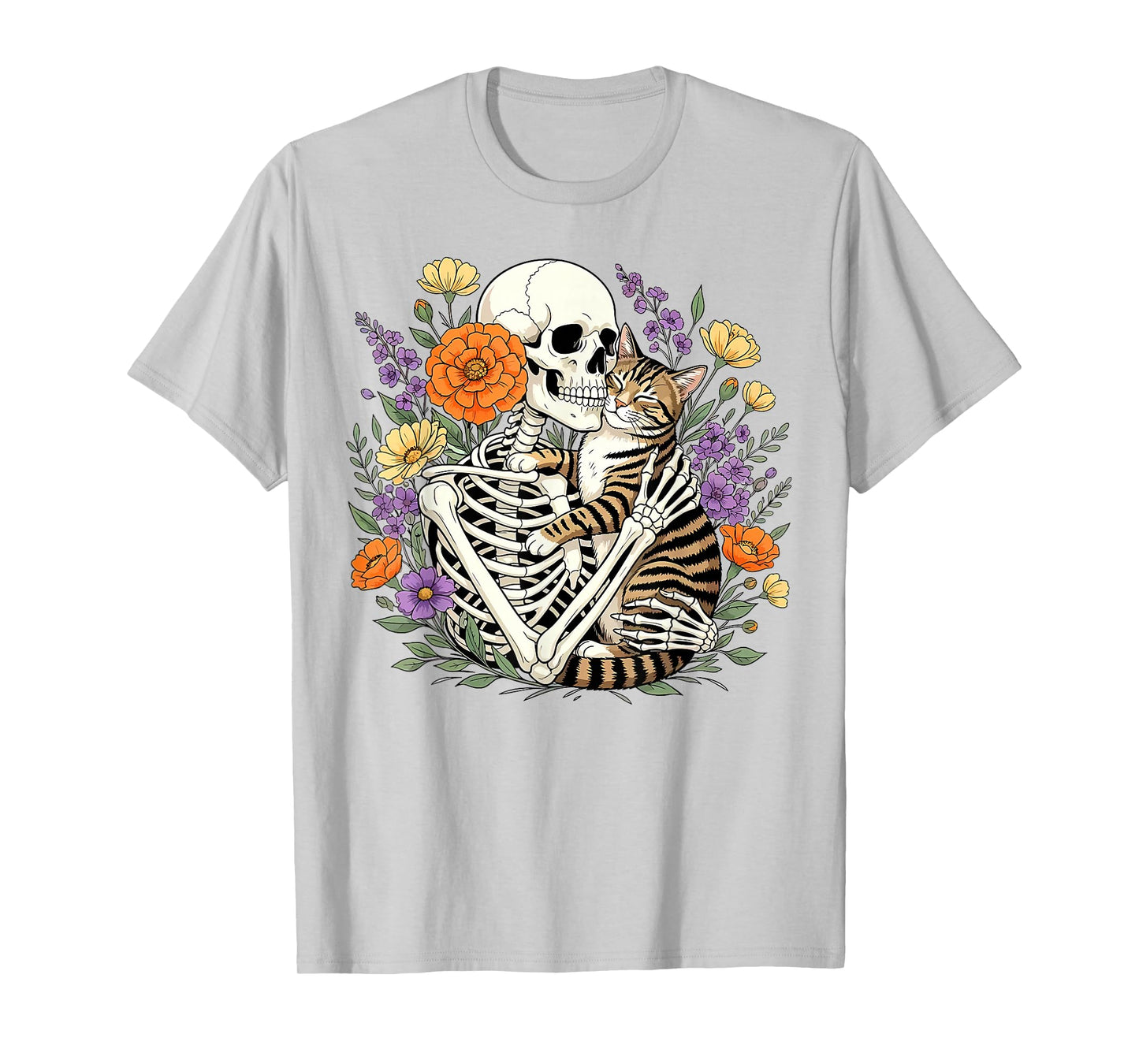 Skeleton Hugging Cat Floral Halloween Cats Lover T-Shirt