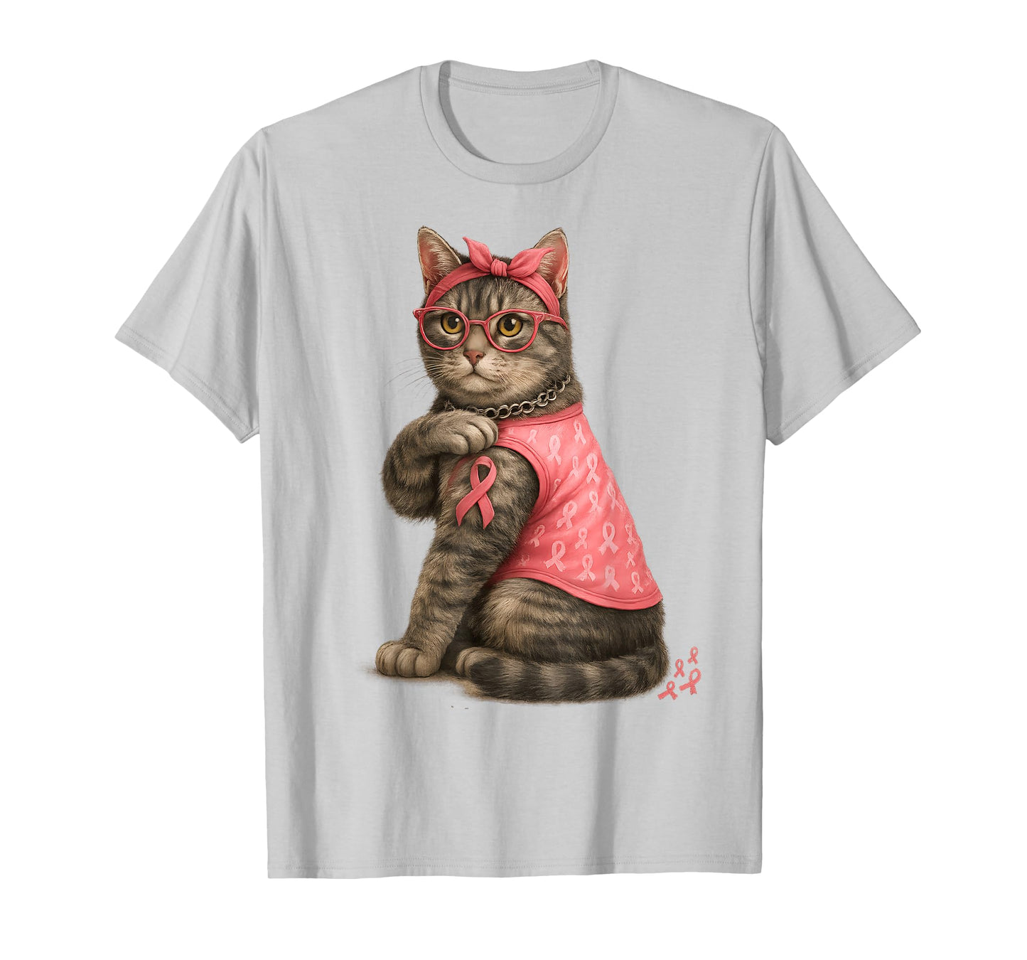 Gray Tabby Cat Pink Ribbon Breast Cancer Awareness Kitty T-Shirt