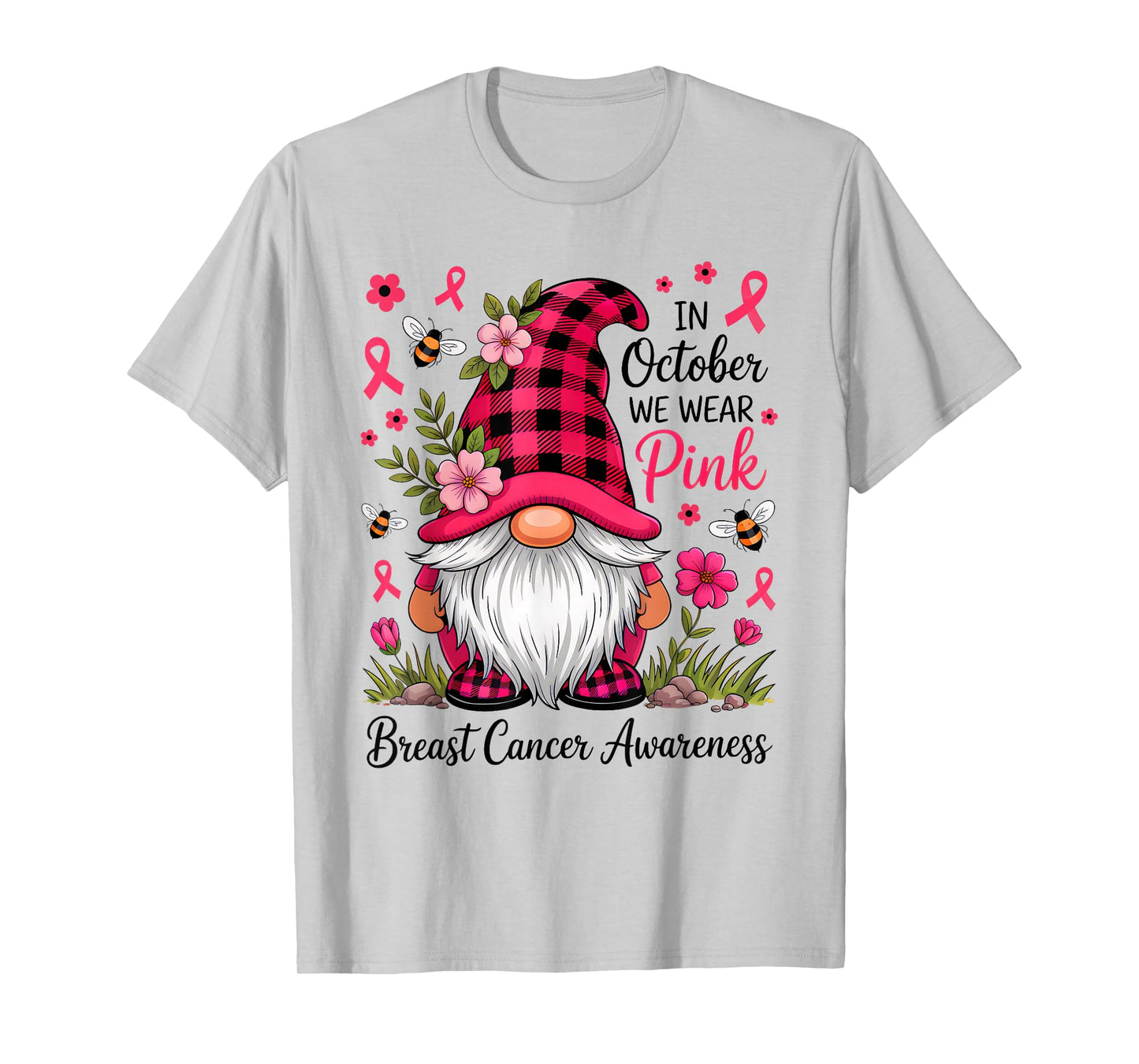 In October We Wear Pink Ribbon Warrior Gnomes Breast Cancer T-Shirt