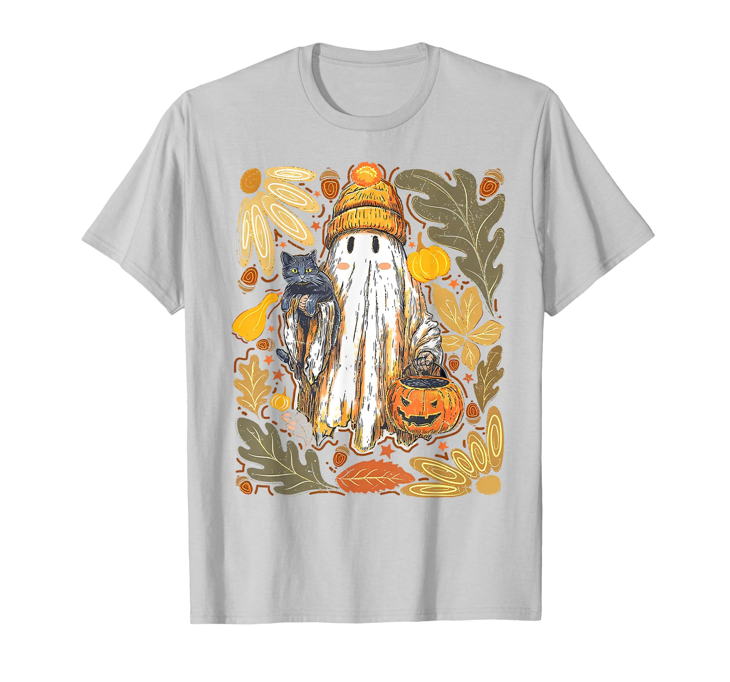 Cute Ghost Black Cat Halloween Witch Pumpkin Dark Forest T-Shirt