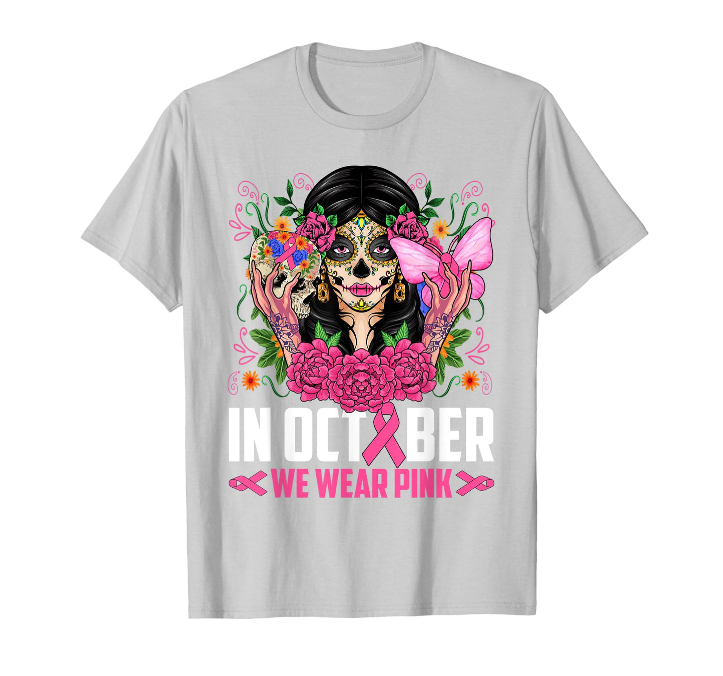 In October Wear Pink Sugar Skull Breast Cancer Halloween Day T-Shirt