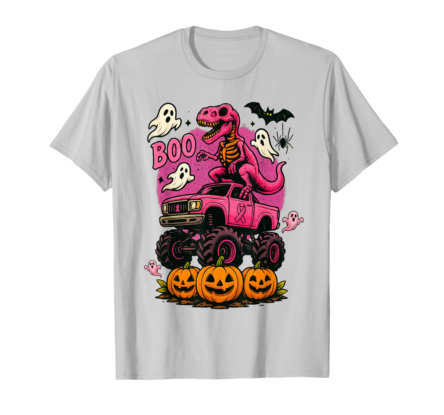 Skeleton T Rex Dinosaur Monster Truck Pumpkin Breast Cancer T-Shirt