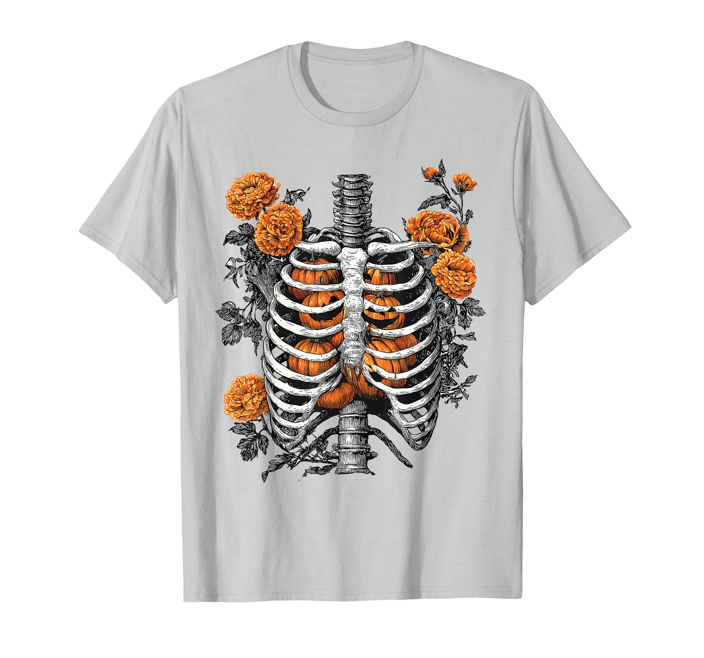 Retro Skeleton Floral Ribcage Pumpkin Fall Halloween Costume T-Shirt