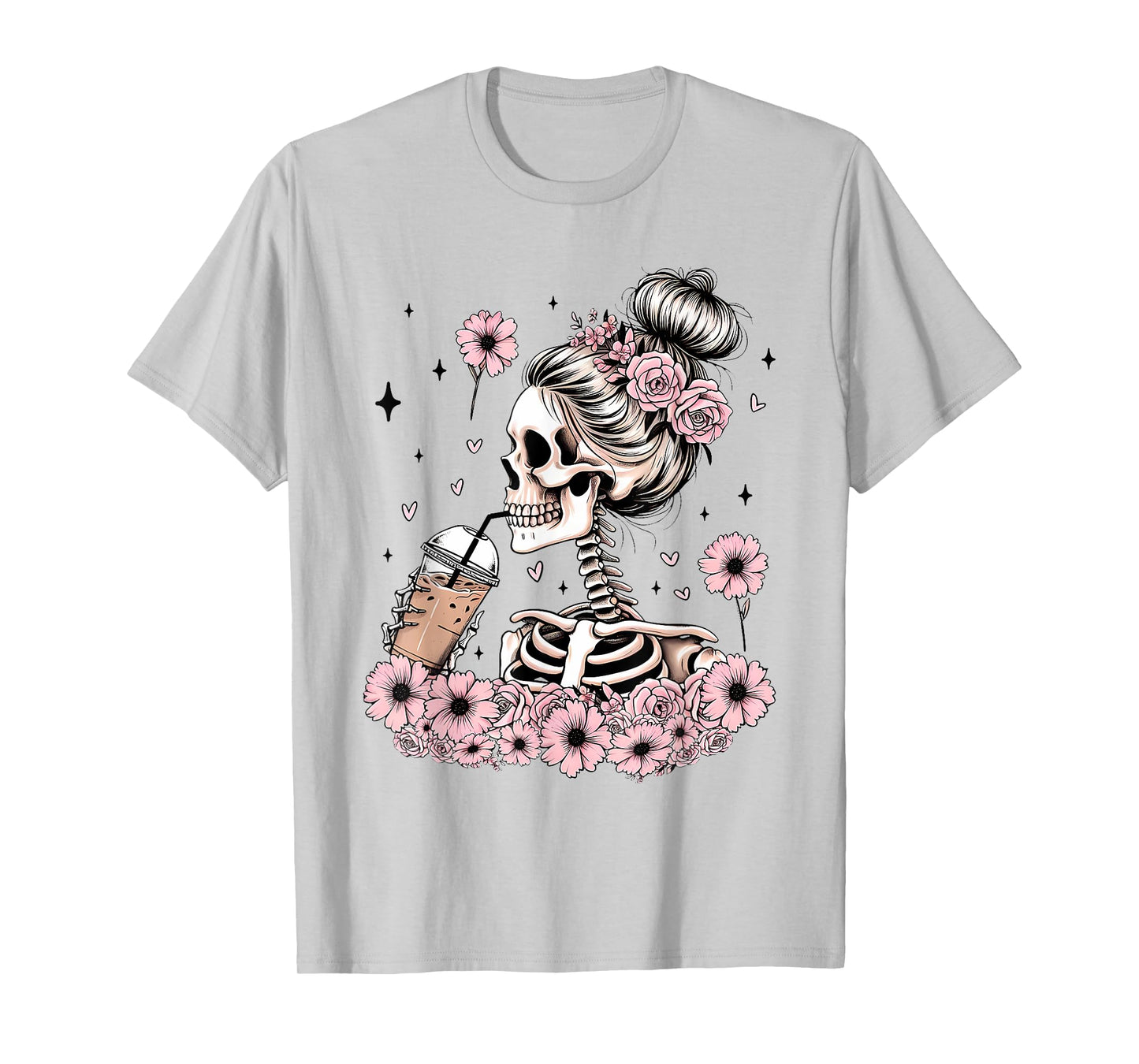 Halloween Skeleton Messy Bun Coffee Funny Costume Mom Women T-Shirt