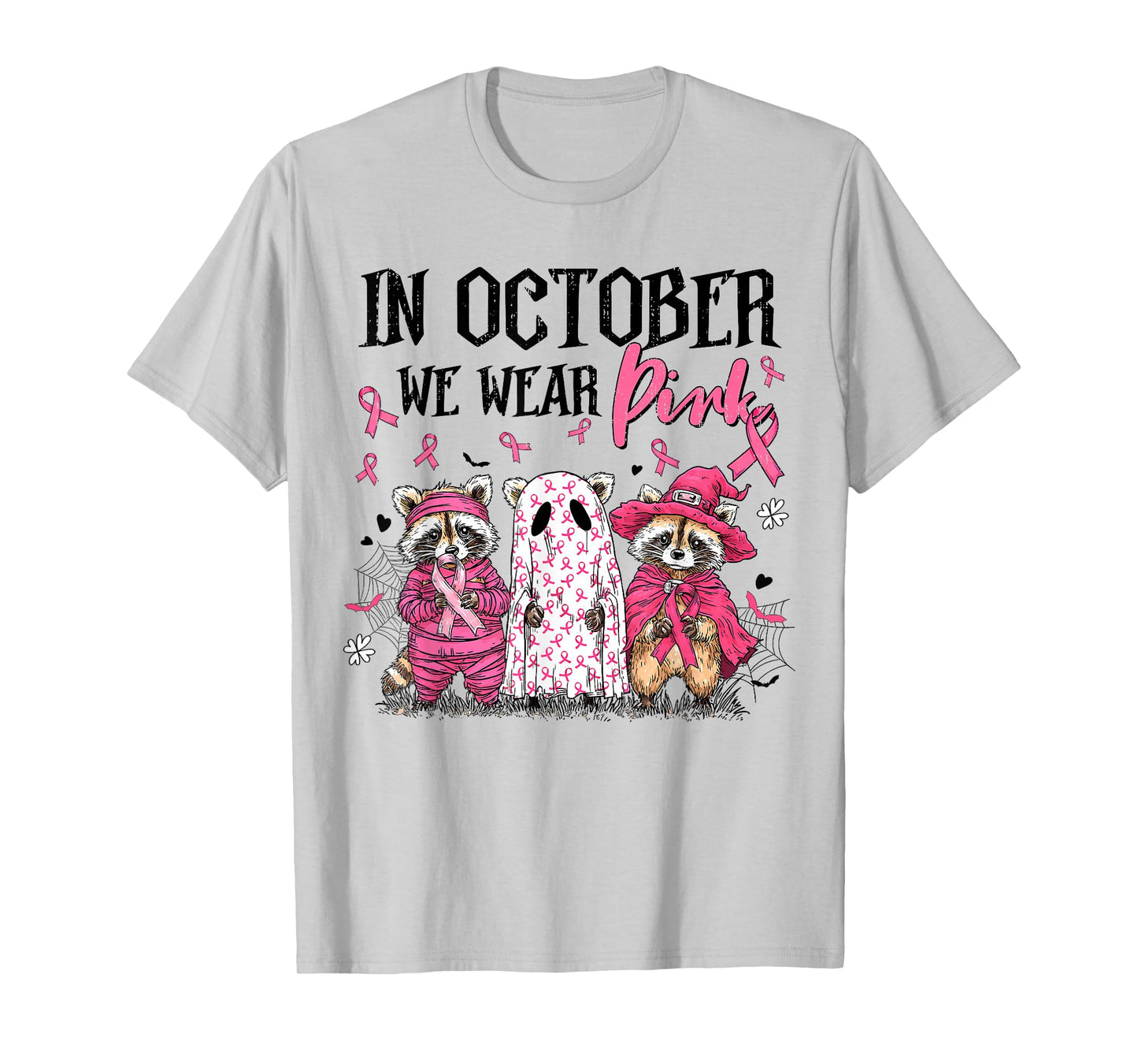 in October We Wear Pink Raccoon Boo Breast Cancer Awareness T-Shirt