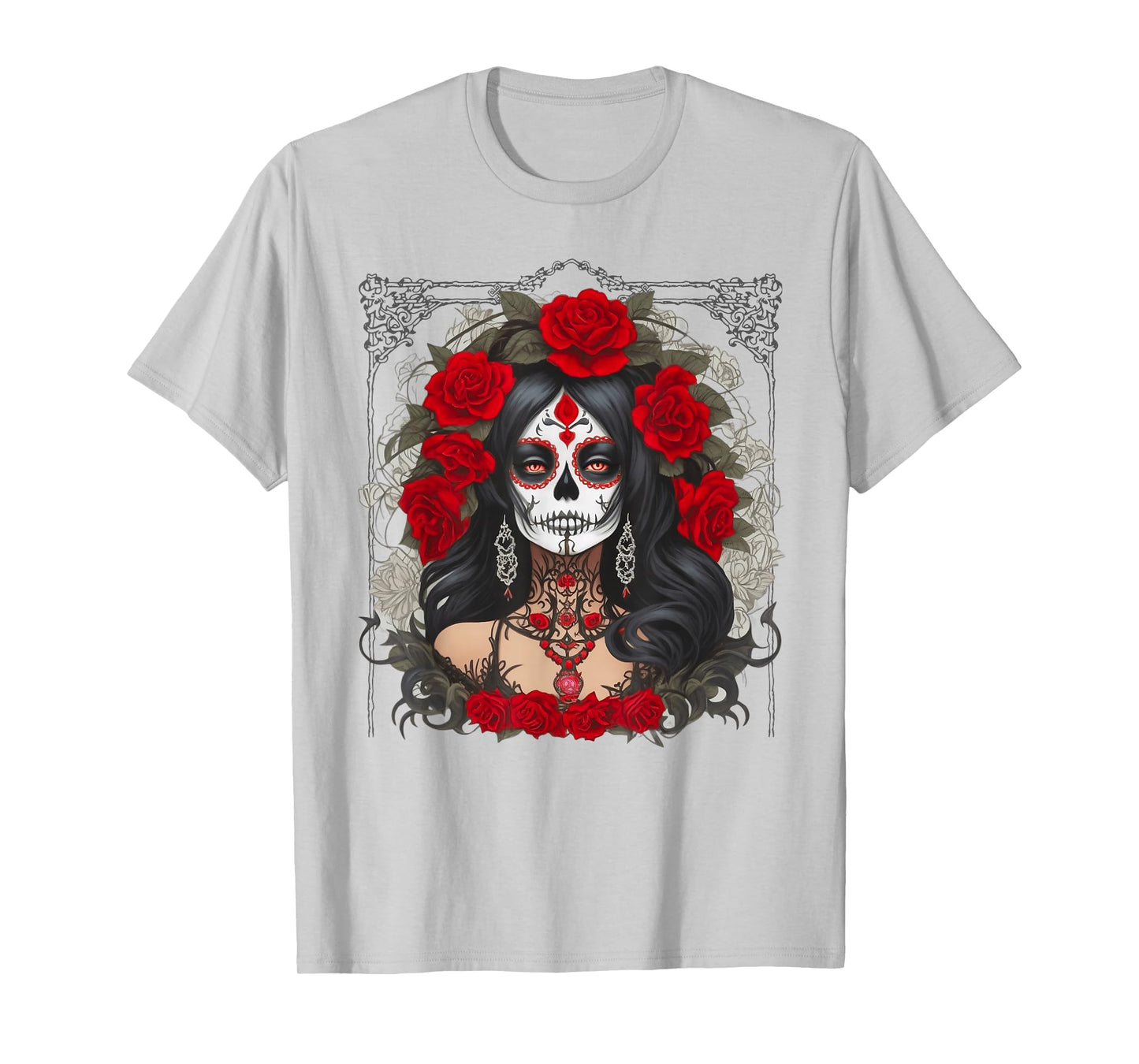 Catrina Day Sugar Skull RED Roses Los Muertos Halloween T-Shirt