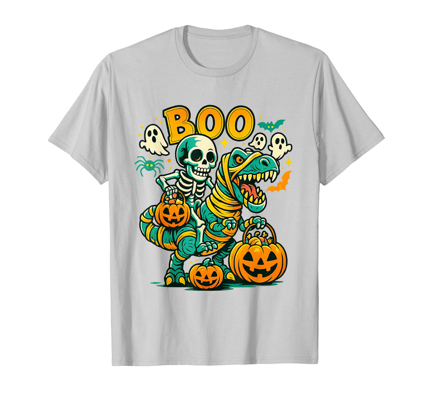 Skeleton Riding T Rex Dinosaur Boo Ghost Pumpkin Halloween T-Shirt