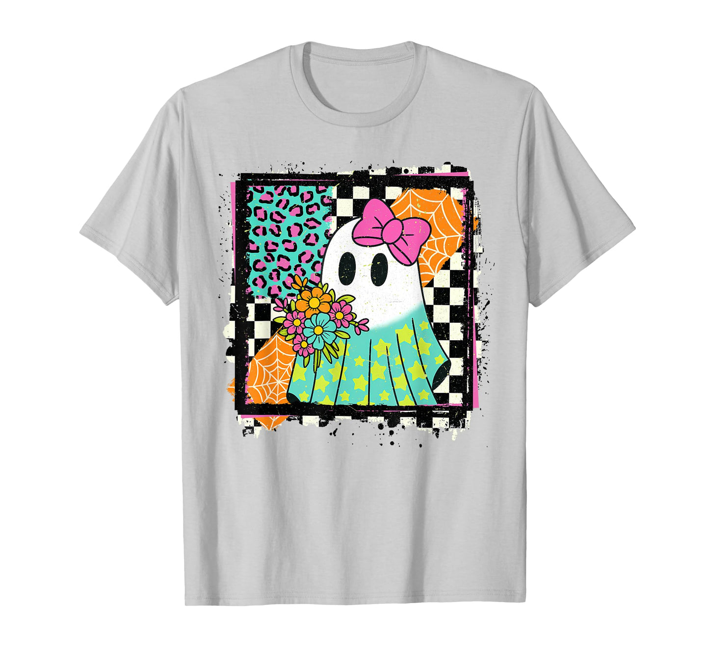 Halloween Leopard Checkered Fall Spooky Ghost Girly Girls T-Shirt