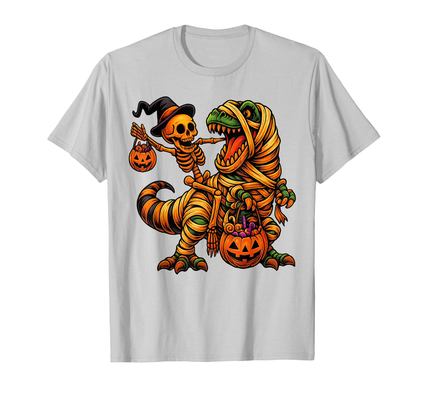 Skeleton Riding Mummy Dinosaur T rex Halloween Funny Pumpkin T-Shirt