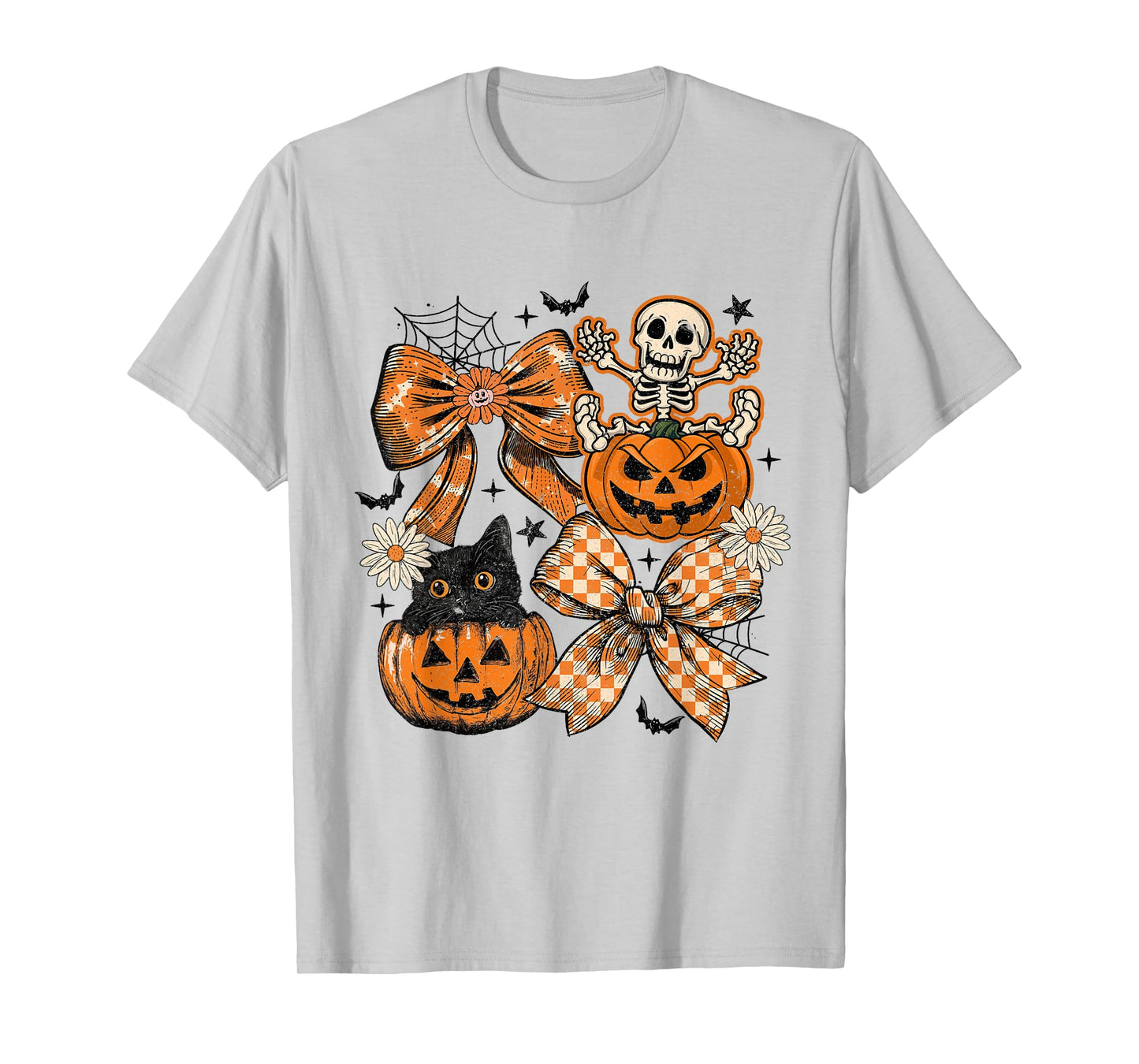Retro Pumpkin Cat Bow Skeleton Funny Halloween Costumes T-Shirt