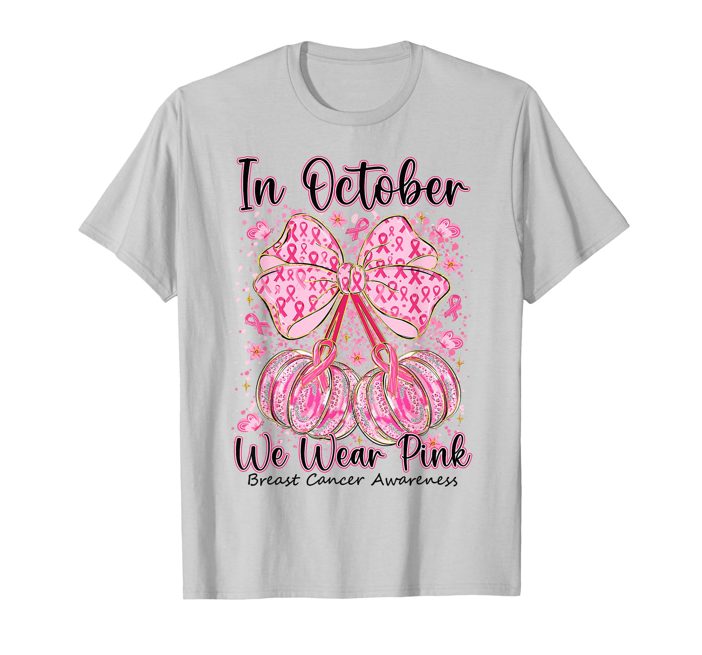 Coquette Bow Pumpkin in October We Wear Pink Breast Cancer T-Shirt