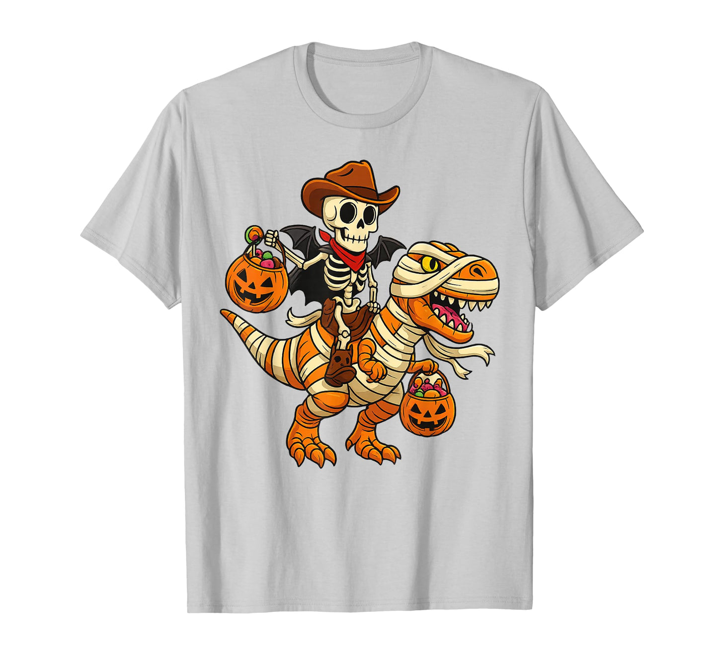 Skeleton Riding Mummy Dinosaur T rex Halloween Funny Pumpkin T-Shirt