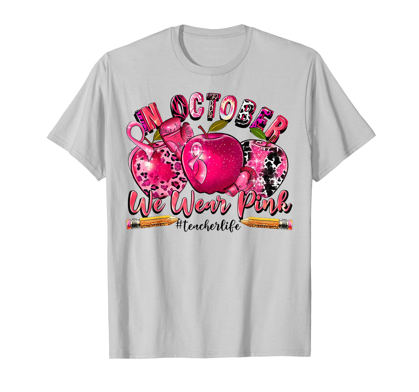 In October We Wear Pink Teacher Apple Breast Cancer Month T-Shirt