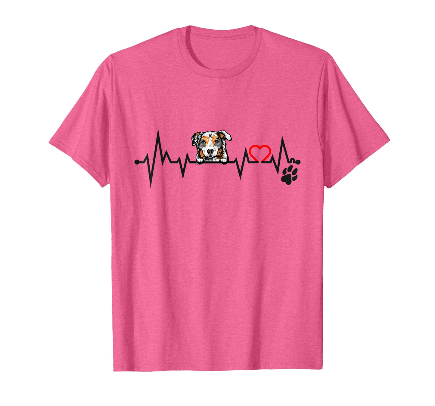Peeking Australian Shepherd EKG Heartbeat With Paw Print T-Shirt